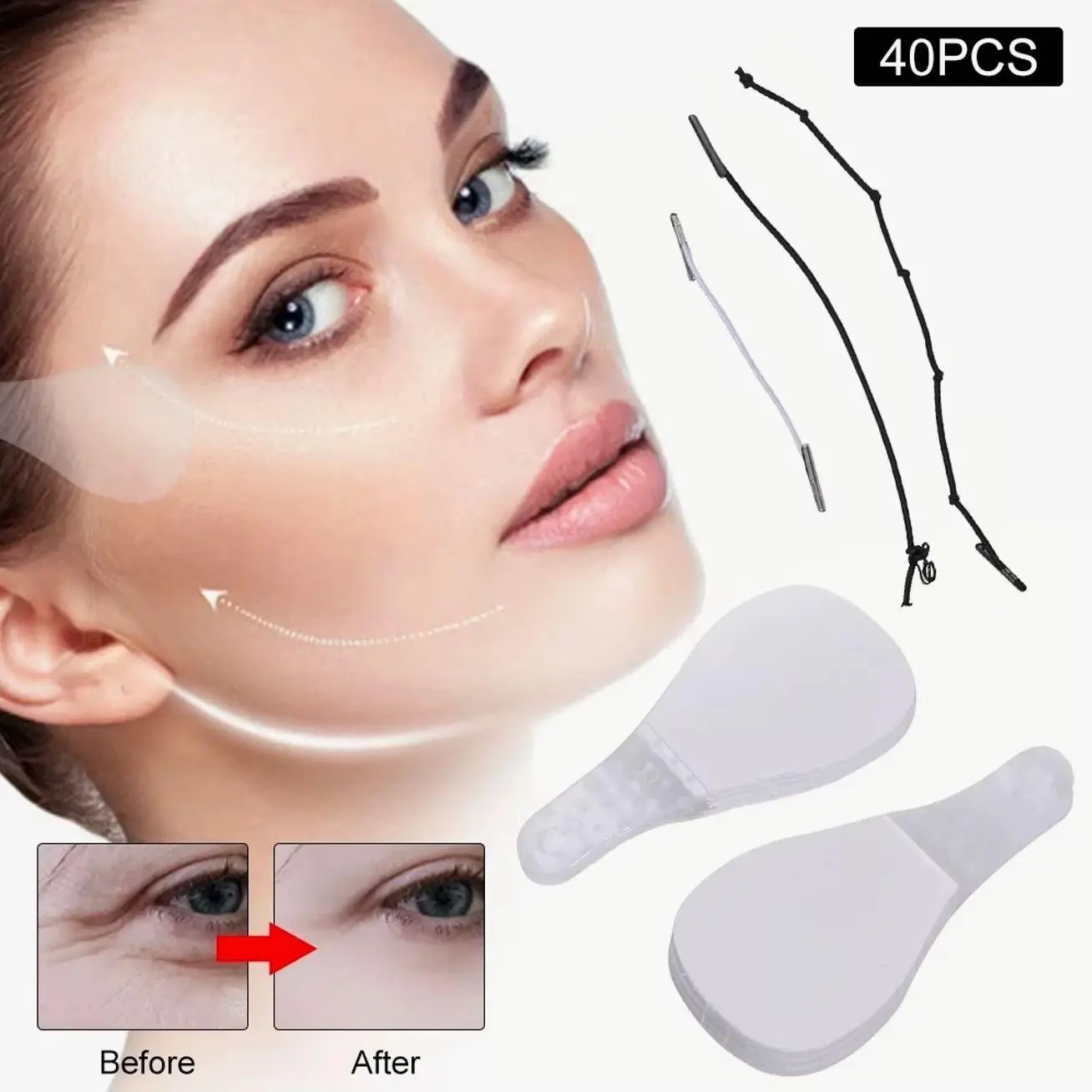 Face Lifting Tape Set, Elastic Adjustable Bands, Breathable Adhesive Patches, Invisible Contour Tool for Jawline and Eyes, 40 Piece Kit