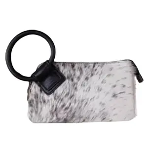 Wild West Hair-On Cowhide Wristlet - Brown or Black Genuine Leather Vintage Style Handbag with Metal Ring Handle & Interior Card Slots Handheld Bag Purse