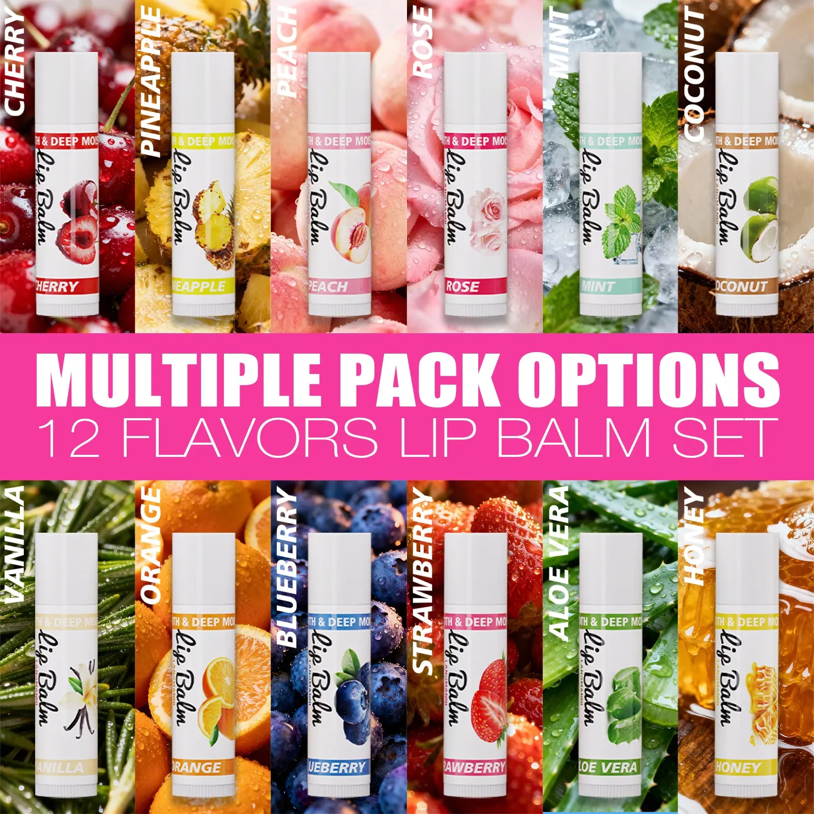 Assorted Fruity Flavors Lip Balm Pack, Deep Moisturizing Smooth Lip Care Set for Sensitive Lips, Gentle Formula for All Ages