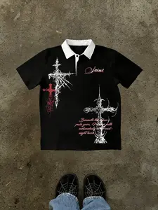 "Saint" Thorn Cross Angel Polo Shirt - Black, Mysterious Atmosphere  Gothic Cross + Guardian Angel, Heavy Cotton Fabric, Distressed Collar. A must-have for enthusiasts of dark religious and gothic styles. #AmericanVintageStreetStyle