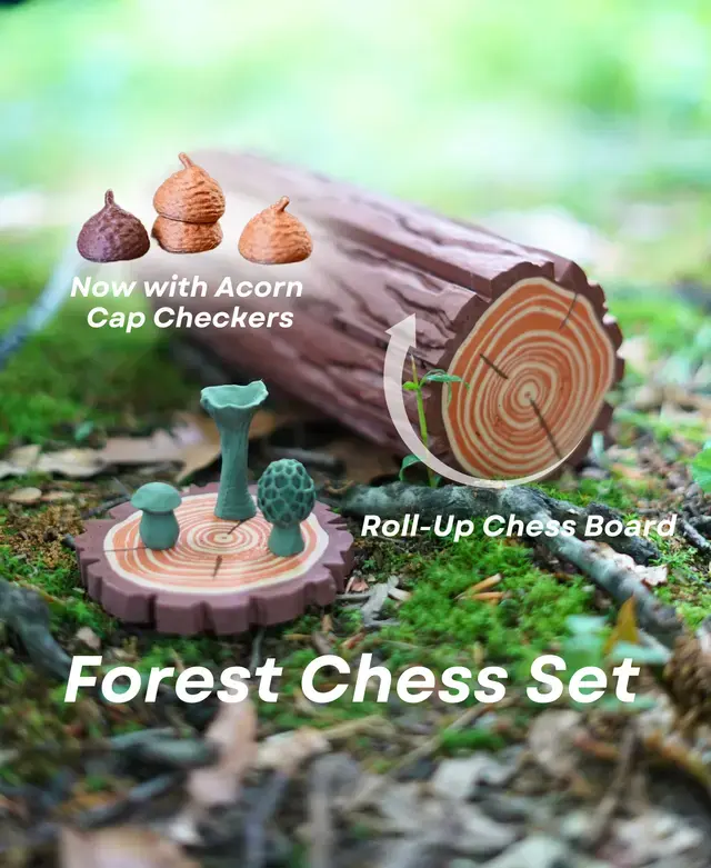 Forest Themed Portable Chess Checkers Set Log Shaped Roll Up Board With Custom Natural Theme Pieces Acorn Cap Checkers Eco Vibe Aesthetic Perfect For Travel Gifts