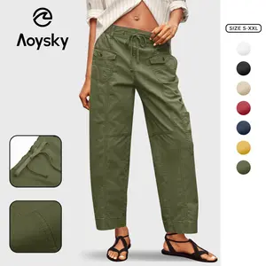 Aoysky Women's 100% Cotton Elegant Cargo Pants - Drawstring Elastic Low Waist Ladies' Bottoms with Multiple Pockets, for Casual Hiking, Work | Women's Cargo Pants Clothes