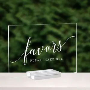 Favors Sign for Wedding- 5x 7 Inch Glass Look Clear Favor Sign with  Stand, Cursive Font Wedding Signage for Reception & Party Event