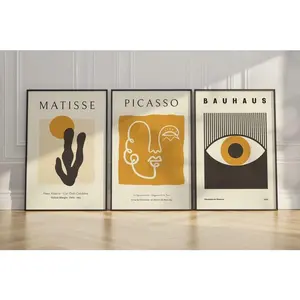 Picasso Matisse Bauhaus Warm Earthy Wall Art Set – Minimalist Modern Abstract Prints – Mid Century Mustard Yellow Geometric - No Frame