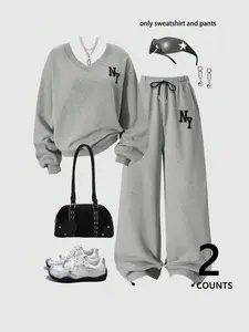 Women's Ultra-Size V Neck Casual Simple Fall Winter Comfortable Natural Texture Letter Tee Set, Fitted Regular Length Pants