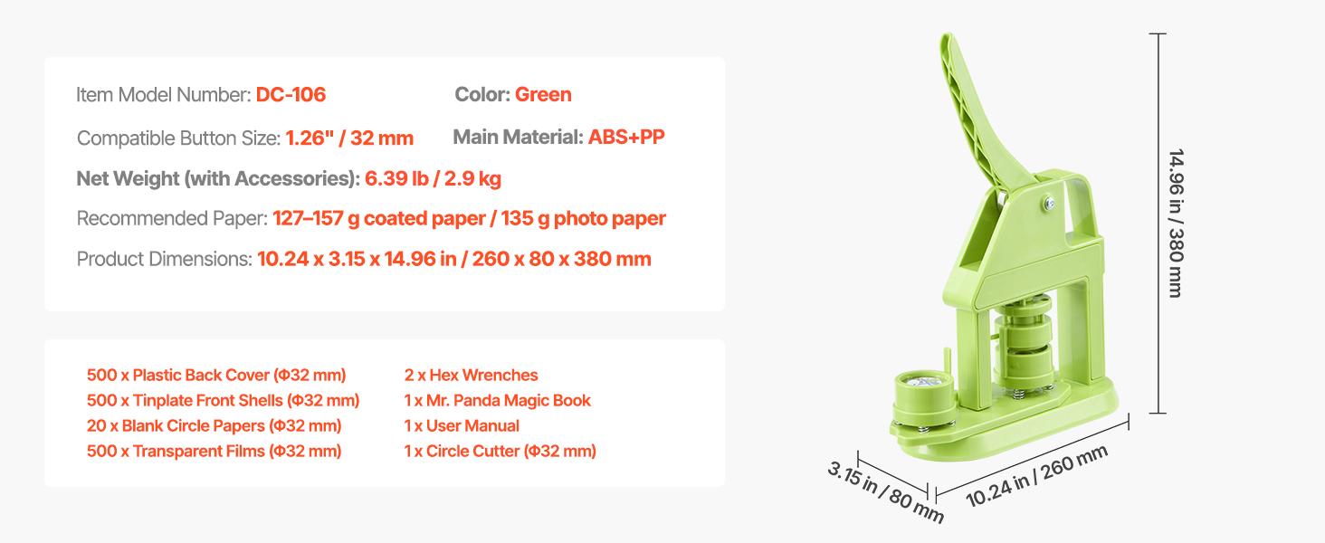 VEVOR Button Maker Machine, 1.26 in, Plastic Pin Maker with 500pcs Button Parts, Mr. Panda Magic Book, Circle Cutter and Hex Wrenches, Reinforced Ergonomic Handle, for DIY Badges, Personalized Pins VEVOR Button Maker Machine, 1.26 in, Plastic Pin Maker with 500pcs Button Parts, Mr. Panda Magic Book, Circle Cutter and Hex Wrenches, Reinforced Ergonomic Handle, for DIY Badges, Personalized Pins