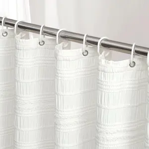 White Shower Curtain Fabric, White Textured Shower Curtain Farmhouse  Blend Striped Shower Curtains for Bathroom Shabby Chic Rustic Decor 72" x 72"