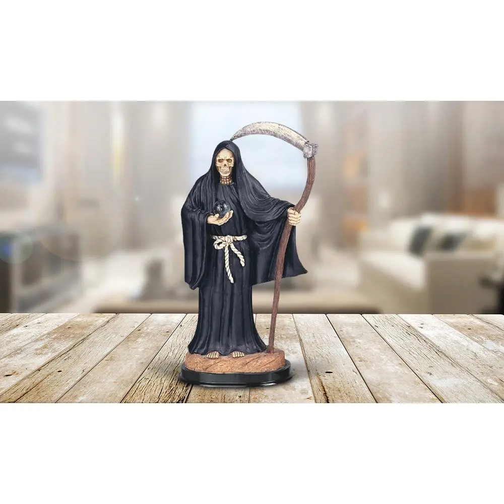 12"H Black Santa Muerte Holding Scythe Statue Our Lady of The Holy Death Figurine Religious Decoration