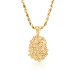 Gold Nugget Necklace 14k Heavy Plated Gold 4mm French Rope Chain Large Nugget Pendant 35mm High 24mm Width Lifetime Replacement Guarantee