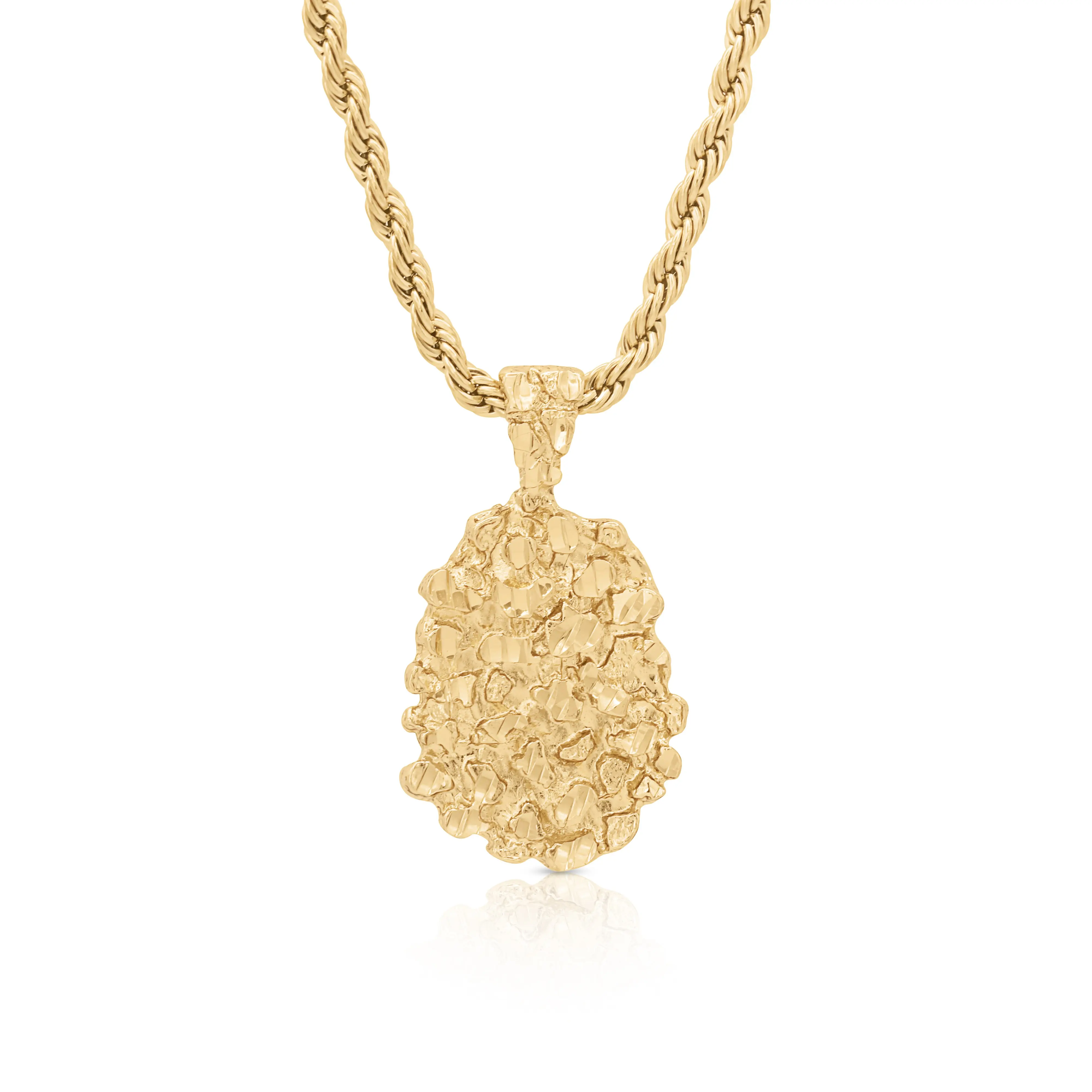 Gold Nugget Necklace 14k Heavy Plated Gold 4mm French Rope Chain Large Nugget Pendant 35mm High 24mm Width Lifetime Replacement Guarantee