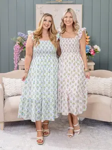 Floral Tie Pattern Smocked Sleeveless Midi Dress | S-3X