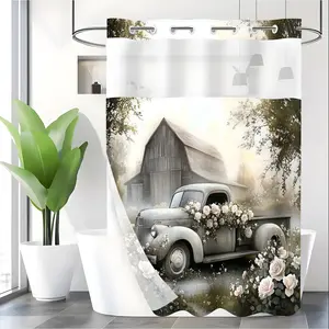 LVRLVR 1pc Vintage Art Style Decorative Floral Gray White Warm Pink Tone Vintage Flower Truck Barn Pattern Double Layer Detachable C-Type Large Ring Hook-Free Shower Curtain 70.8"×74"(180×188cm)
