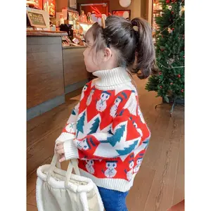 Girls' Red White & Blue Christmas Sweater - Cozy Turtleneck Pullover with Snowman & Tree Pattern, Batwing Sleeves, Loose Fit Winter Outfits for Holiday Parties & Casual Attire (Hand Washable)