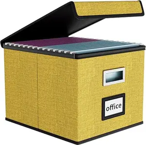 Collapsible File Storage Organizer Box with Lid, Linen Document Storage Organization, Universal Hanging Filing Box for Letter/Legal Folder, Decorative Office/Home File Bins - yellow, box only