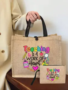 1/2pcs Creative Teacher Letter Printed Linen Handbag With A Yellow Linen Coin Wallet With A Drawstring, Black Block Shaped Shopping Bag, Teacher Thank-You Gift, And Women's Linen Large Capacity Handbag, Summer Handbag, Square Bag.