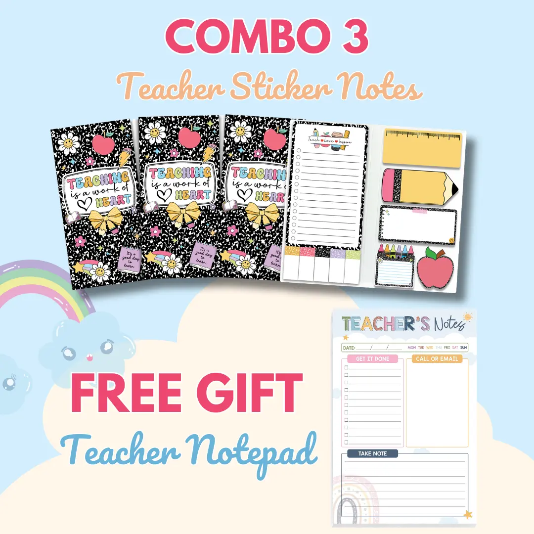 FREE Gift | 3 Teacher Sticky Notes Sets & Get Teacher Notepad, “Teaching Is a Work of Heart”, Teacher Appreciation Gift For Classroom, School & Office, Gifts For New Teachers, Stationery Must-Have Supplies