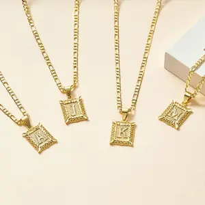 Initial Letter Pendant Necklace for Men Women's, 18K Gold Plated Square Capital Monogram Necklace Alphabets from A-Z Ozzy's Chain Necklace