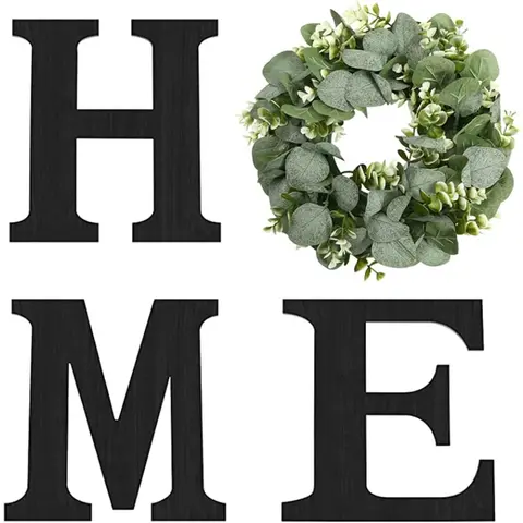 Black Wooden Welcome Sign with Artificial Eucalyptus Wreath - Hanging Farmhouse Wall Letters, Home Decor Items, Entryway Accent, Kitchen Accessory, Birthday Gift, Rustic Living Room Art
