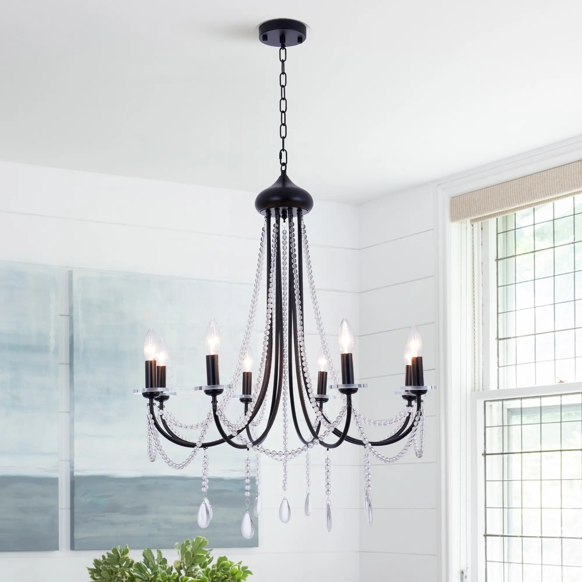 Black Modern Farmhouse Beaded Crystal Chandelier - 8-Light Interior Lighting, Decorative Ceiling Design for Dining Room, Living Room
