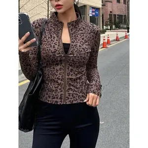 Women’s fashionable casual lightweight slim-fit stand-up collar leopard-print jacket, fashionable everyday outerwear, fashionable women’s clothing GARMENTARY