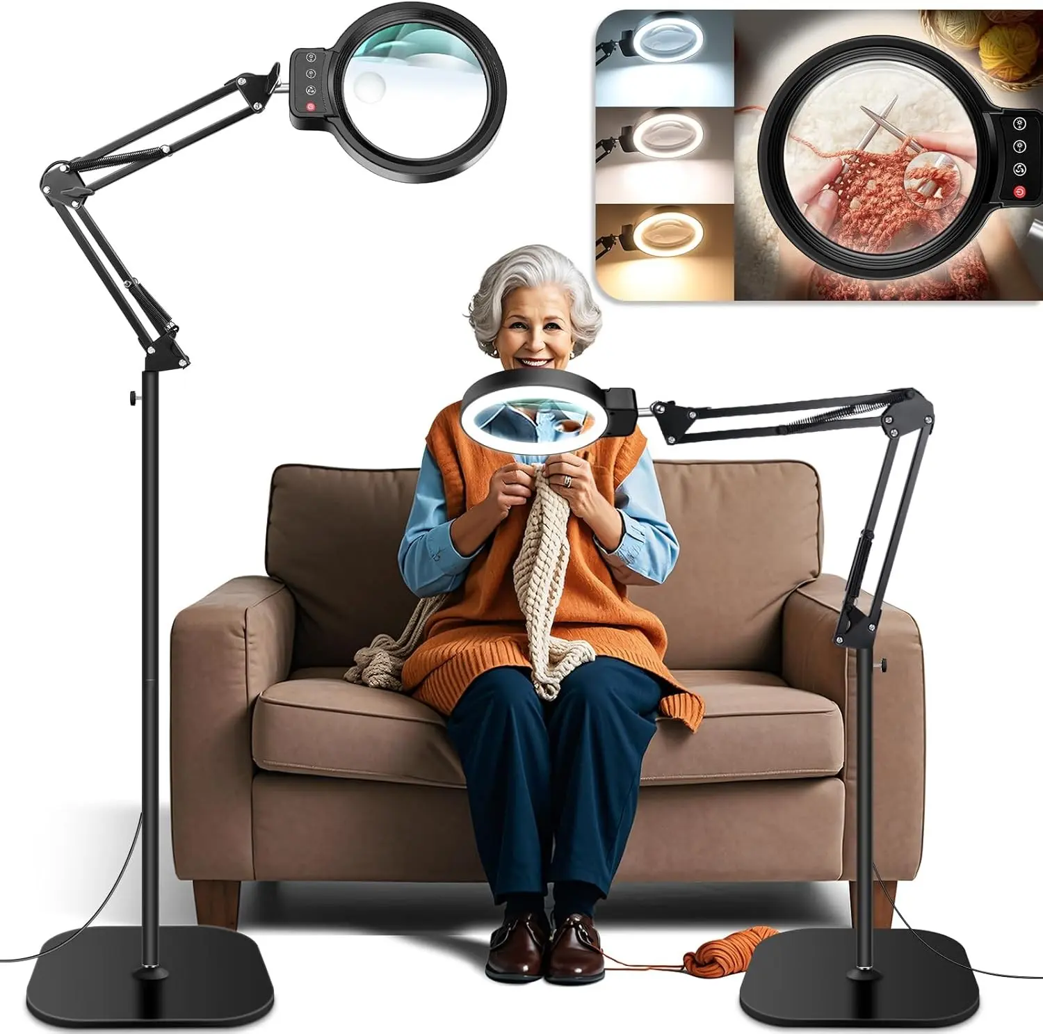 Adjustable Arm Floor Stand Large Magnifier with Light, 30X-10X Magnification, 72 LED Height-Adjustable Floor Magnifying Lamp, 2-in-1 Lighted Magnifier for Sewing, Crafts (Black)