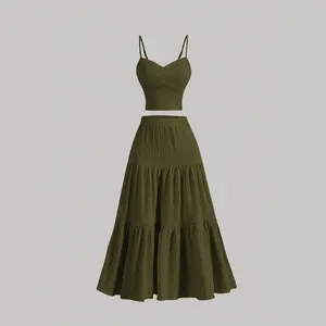 Women's Solid Woven Crop Cami Top & A-line Skirt Two-piece Set, Casual Fashion Cozy Two Piece Outfits for Daily Outdoor Wear, Ladies Clothes for Summer