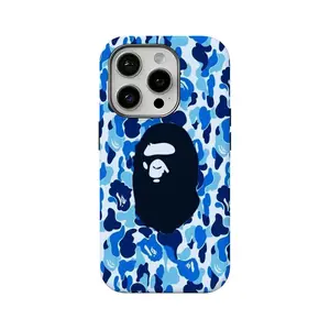 A Bathing Ape Blue Camouflage Pattern 2-in-1 Film-Integrated Phone Case — Compatible with iPhone 12, 13, 14, 15, 16, 17 — Drop-Resistant Hard Case with High-Definition Printing and Durable Protection