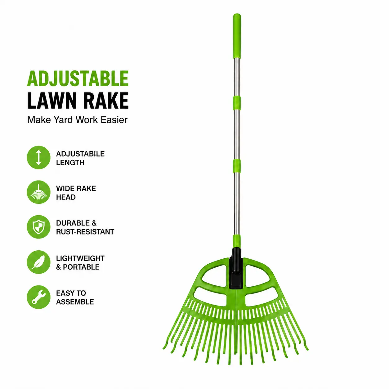 Adjustable Leaf Rake for Lawn & Yard Cleanup, Wide Flexible Rake Head with Extendable Handle, Lightweight Garden Rake for Leaves, Grass and Debris