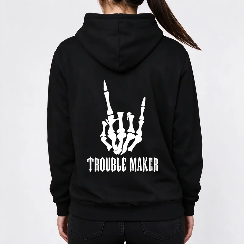 Trouble Maker Bone Hand Graphic Women's Hoodie Sweatshirt Streetwear Y2K Gothic Casual Outfit For Daily Wear
