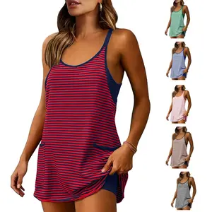 Striped Sleeveless Athletic mini dress for Women, V Neck sundress with Built-in shorts and Pockets, Lightweight Tennis Workout summer dress for Vacation, Beach and Casual Wear