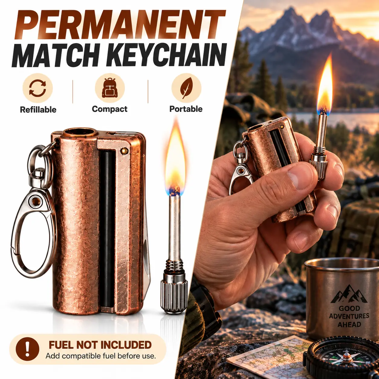 Unisex Pocket-Sized Multifunctional Permanent Match Keychain Lighter - Refillable Flint Fire Starter with Creative Metal Body, Compact Outdoor Gear for Camping, Hiking Gear, Everyday Carry (Fuel Not Included)