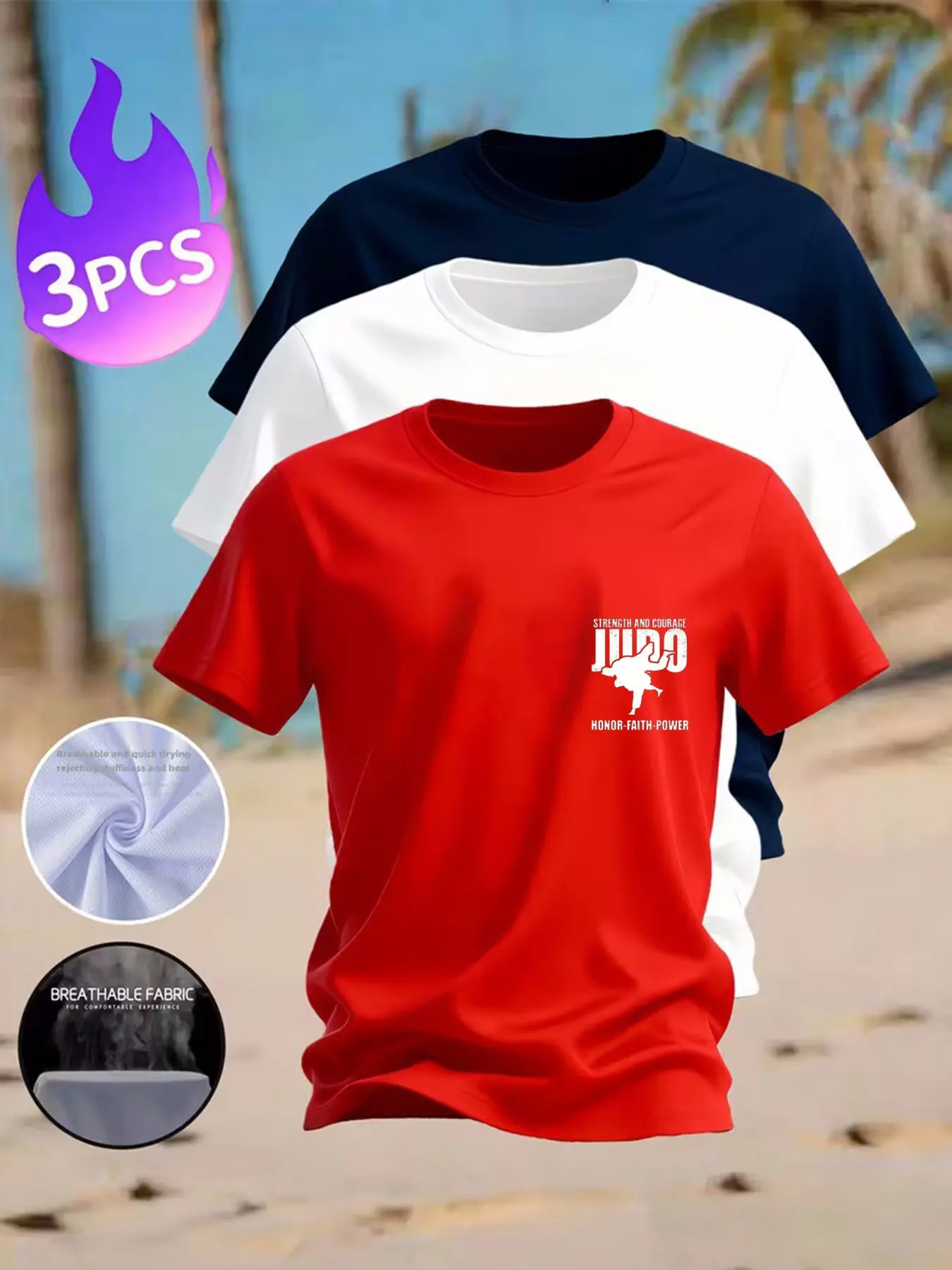 3 Pcs Men's Judo Strength & Courage Print Crew Neck T-Shirts, Breathable Quick Dry Athletic Casual Martial Arts Short Sleeve Tees, Multi-Color Daily Wear Tops for Judo Lovers