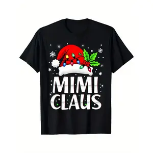 Mimi Claus Christmas T-Shirt for Everyone, Featuring a Casual Short Sleeve Design with a Santa Hat Graphic. Perfect for Holiday Parties, This Black Tee Is Lightweight, Made of Breathable, And Stylish for Any Season. Ideal for Casual Wear