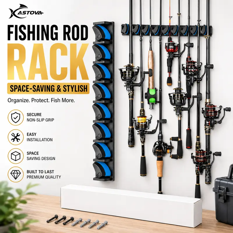 Vertical Fishing Rod Rack Wall Mount - 9-Holder with Anti-Slip Grips, Compact Quick Access, Garage Storage, 3-19mm Diameter Fit, Space-Saving Organizer, Accessories, Fits Actual Rods, Quick & Easy Install