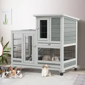 Indoor Rabbit Hutch with 2 Deeper No Leak Trays & 4 Casters, 37 Inch Rabbit Cage Pet House for Small Animals Outdoor Bunny Hutch with Run