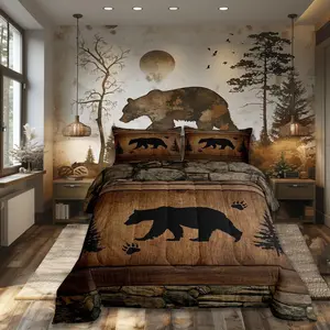 Rustic Bear Comforter Set,Wild Animal Hunting Bedding Set,Farmhouse Cabin Vintage Woodland Wildlife Down Comforter for All Season