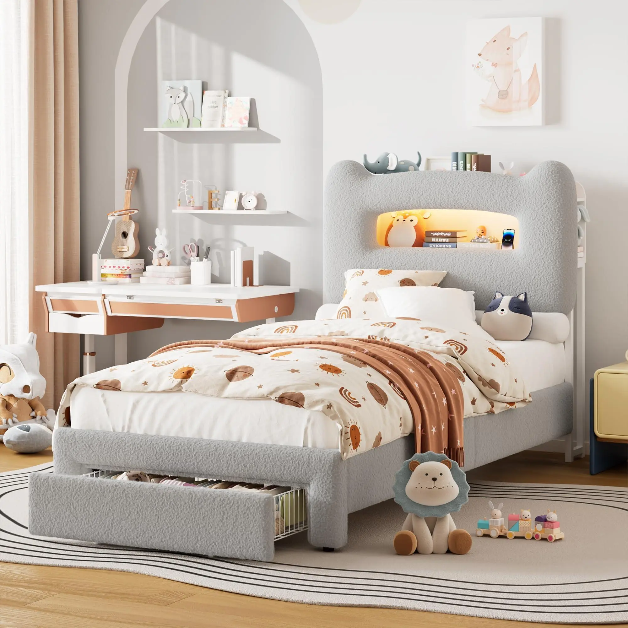 Grey LED Upholstered Smart Full Bed Frame with Upholstered Tufted 2-Tier Storage Headboard, Charging Station, Drawer, Metal Support, No Box Spring Needed, Upholstered Tufted Headboard, Smart Bed