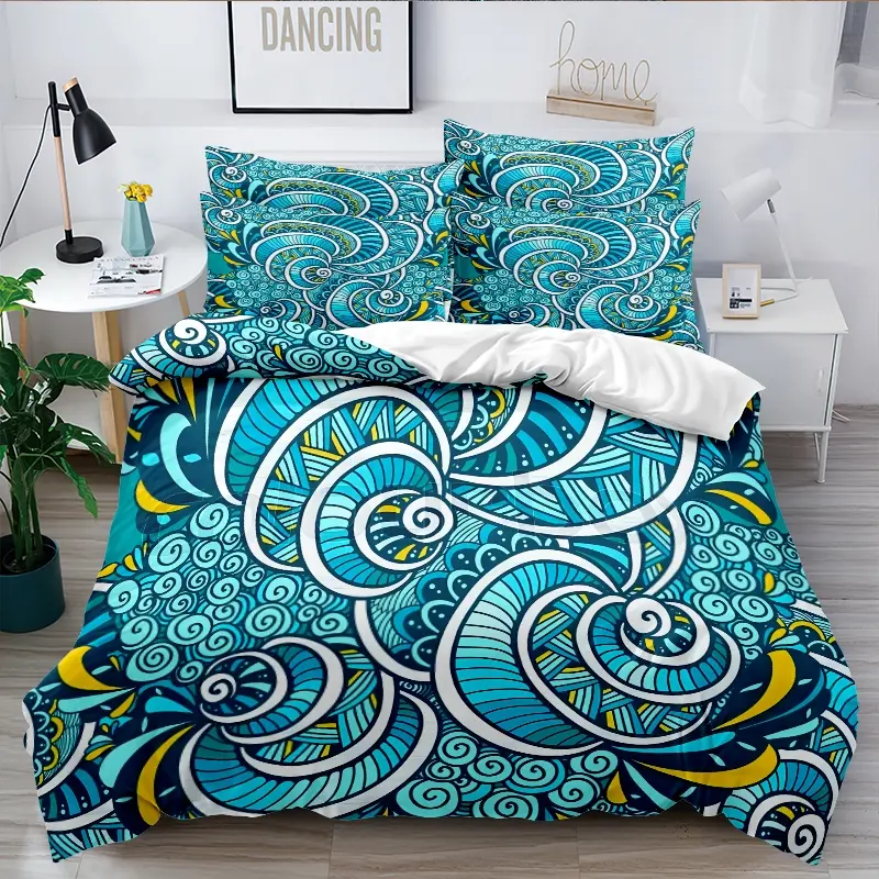 3-piece down Duvet Cover Set with blue and yellow spiral and leaf patterns, 3D digital printed bedding, suitable for home decoration in bedrooms and guest rooms (1 * down duvet cover 2 * pillowcase, no down duvet core), machine washable, zipper