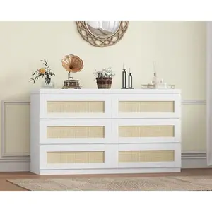 White Rattan Dresser for Bedroom, Modern 6 Drawer Double Dresser, Wood Boho Dressers, Wood Storage Chest of Drawers fo Bedroom,Living Room,Hallway