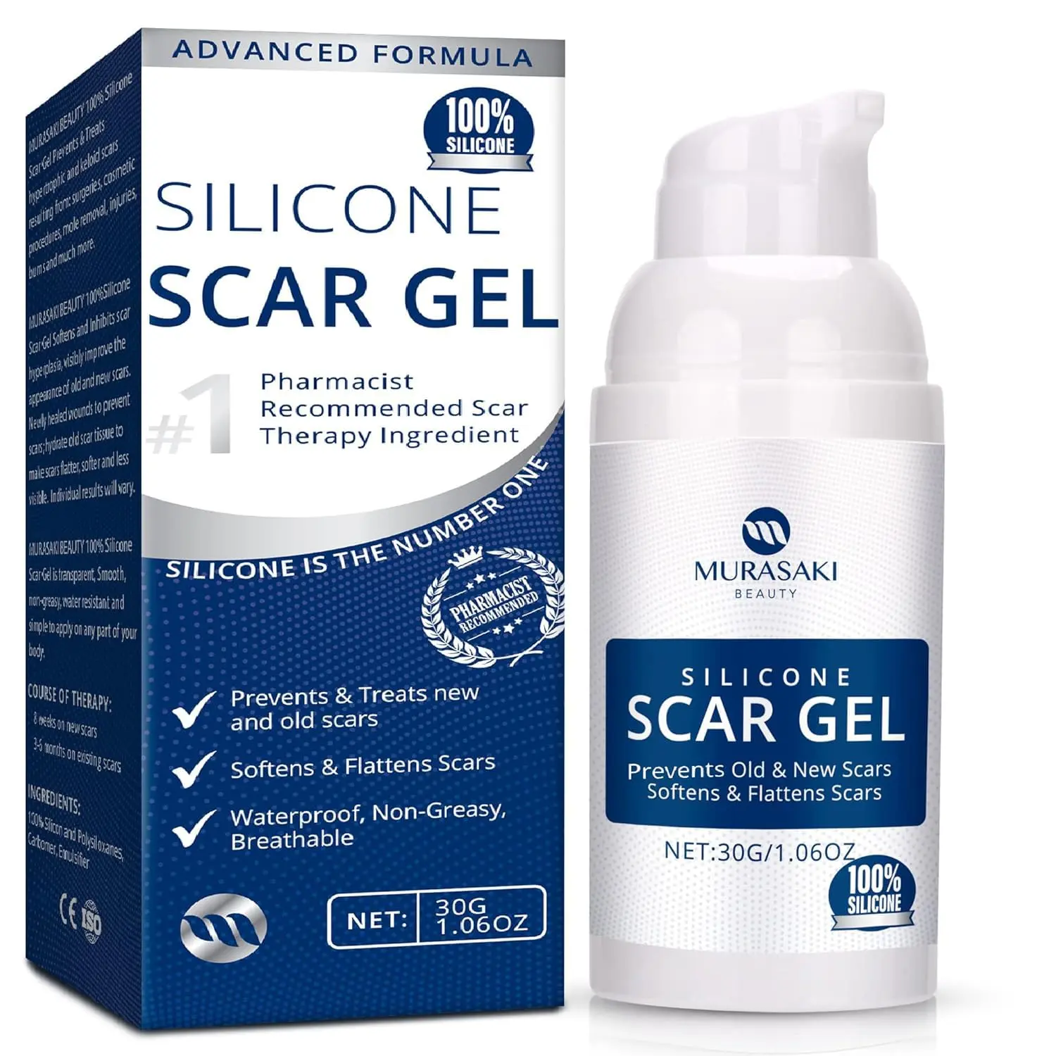 Murasaki Beauty Silicone Scar Gel 1 oz - Advanced Formula for Scars C-Section Stretch Marks Acne Injury Burns Keloids Healthcare Skincare - Bathroom Scarbandage Collagen