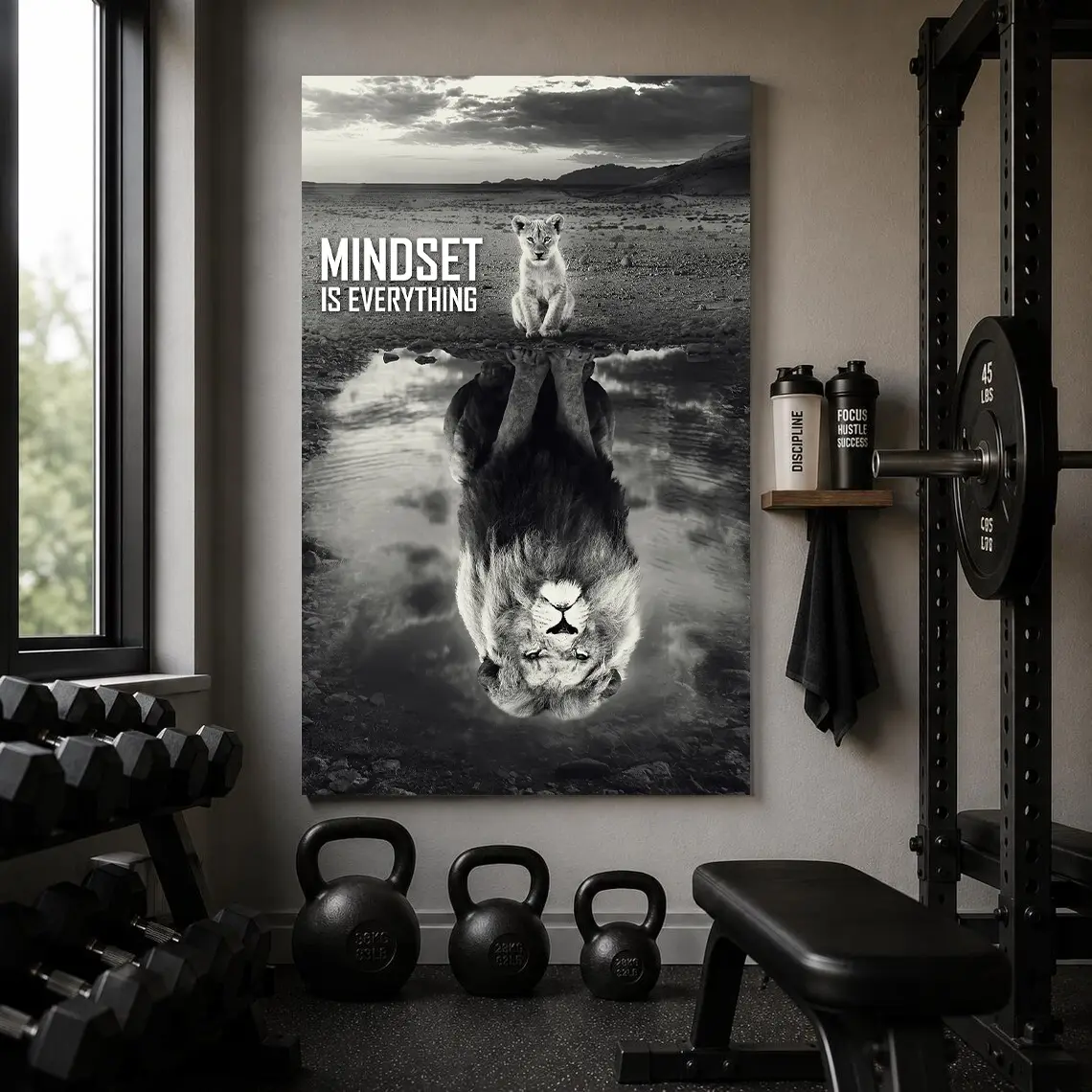 “Mindset Is Everything” Lion Reflection Canvas Wall Art, black-and-white cub motif and adult lion motivational illustration, 2D flat print wall art poster, minimalist home decor and bedroom artwork, wall decoration, perfect gift for gym and office decor