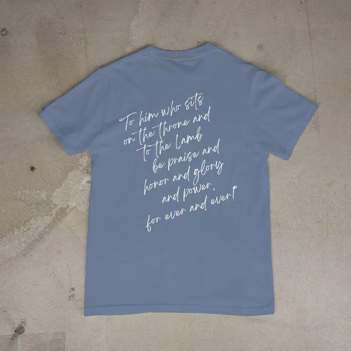 Blue Lamb Jam Revelation 5:13 Comfort Color Blue Jean T-Shirt with Lamb Jam Font Logo and Inspirational Back Print