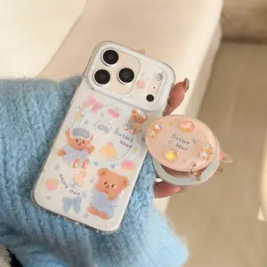 Magnetic Heart Dual Layer Phone Case Cover, Sweet Dessert Bear + Bear Stand, Compatible with Apple iPhone Models, Unisex Design, Casing