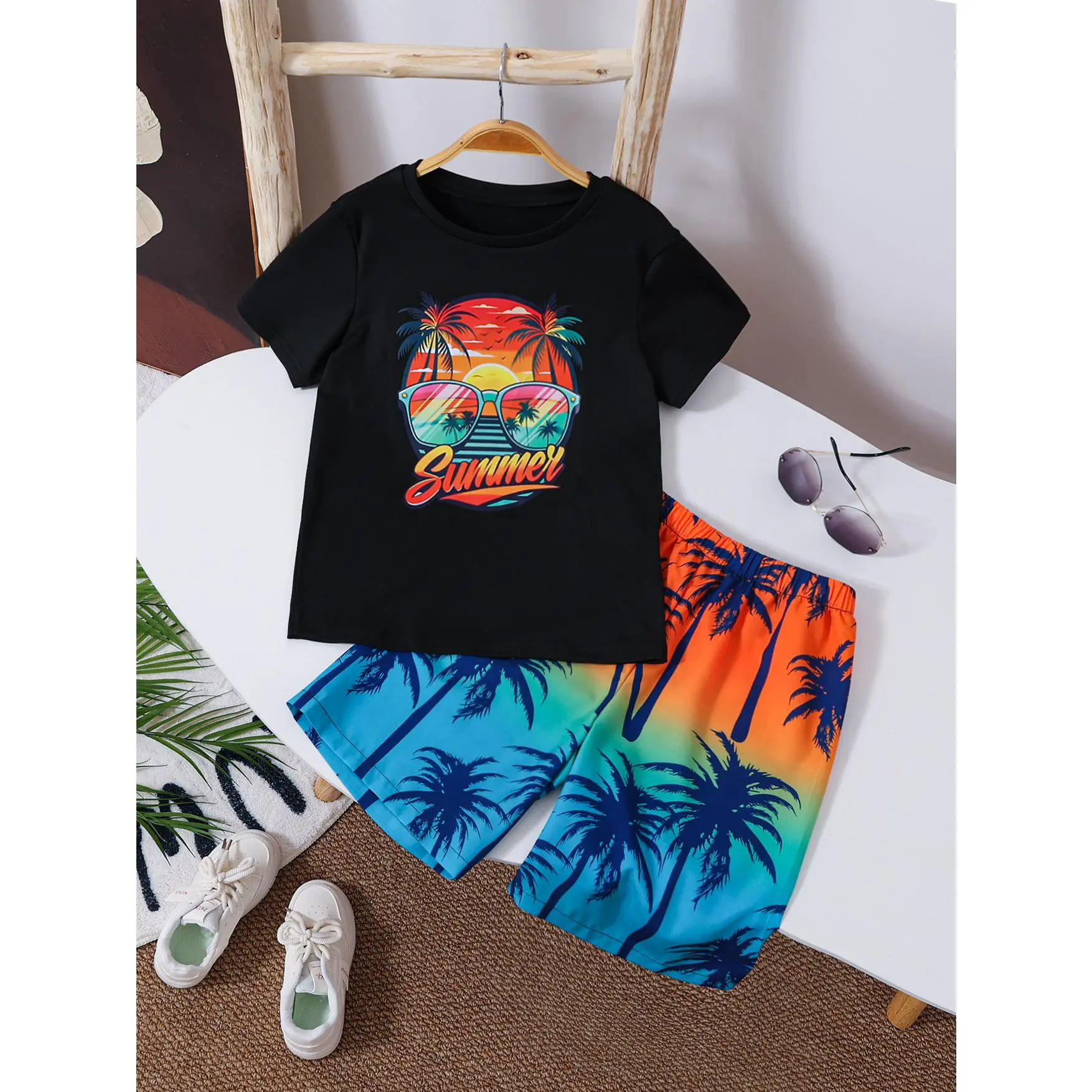 8-12Y Boys  Tropical Sunset Print T-Shirt & Palm Tree Gradient Shorts Set 2-Piece Summer Mystery Outfit L3075