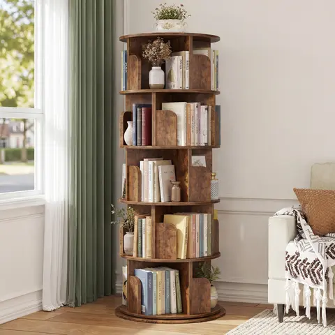 ISUNIRM 5-Tier Sturdy MDF Wood 360° Swivel Bookshelf Tower, Tall Slender Narrow Corner Home Office Furniture, Floor-Mounted Space-Saving Storage Organizer for Bedroom, Playroom