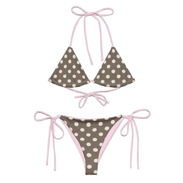 chocolate & baby pink polka dot string bikini set, ibiza swim, patterned bikini,gifts for her, summer holiday vacation,unique swim teen girl
