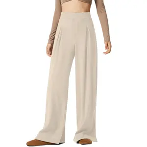Dokotoo Ribbed Knit High Waisted Plicated Multiple Pockets Split Hem Wide Leg Casual Pants