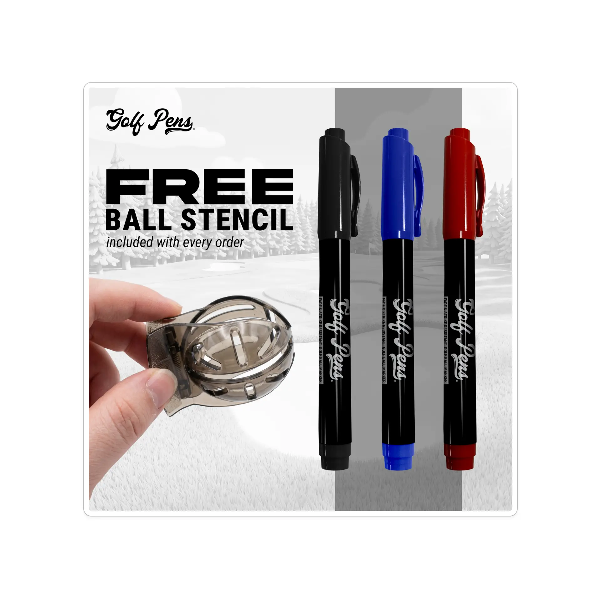 Golf Pens 3-Pack, Office Writing Tool with Golf Ball Stencil, Alignment Aid, Crisp Lines, Fade-Proof Ink, Flightpath Marker, Spring-Grip Design