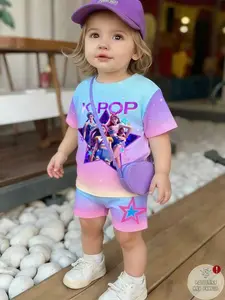 Women's K-Pop Theme Print Two-Piece Set, Comfortable & Stylish Casual Wear, Blue Gradient Starry Sky Design, Perfect for Daily