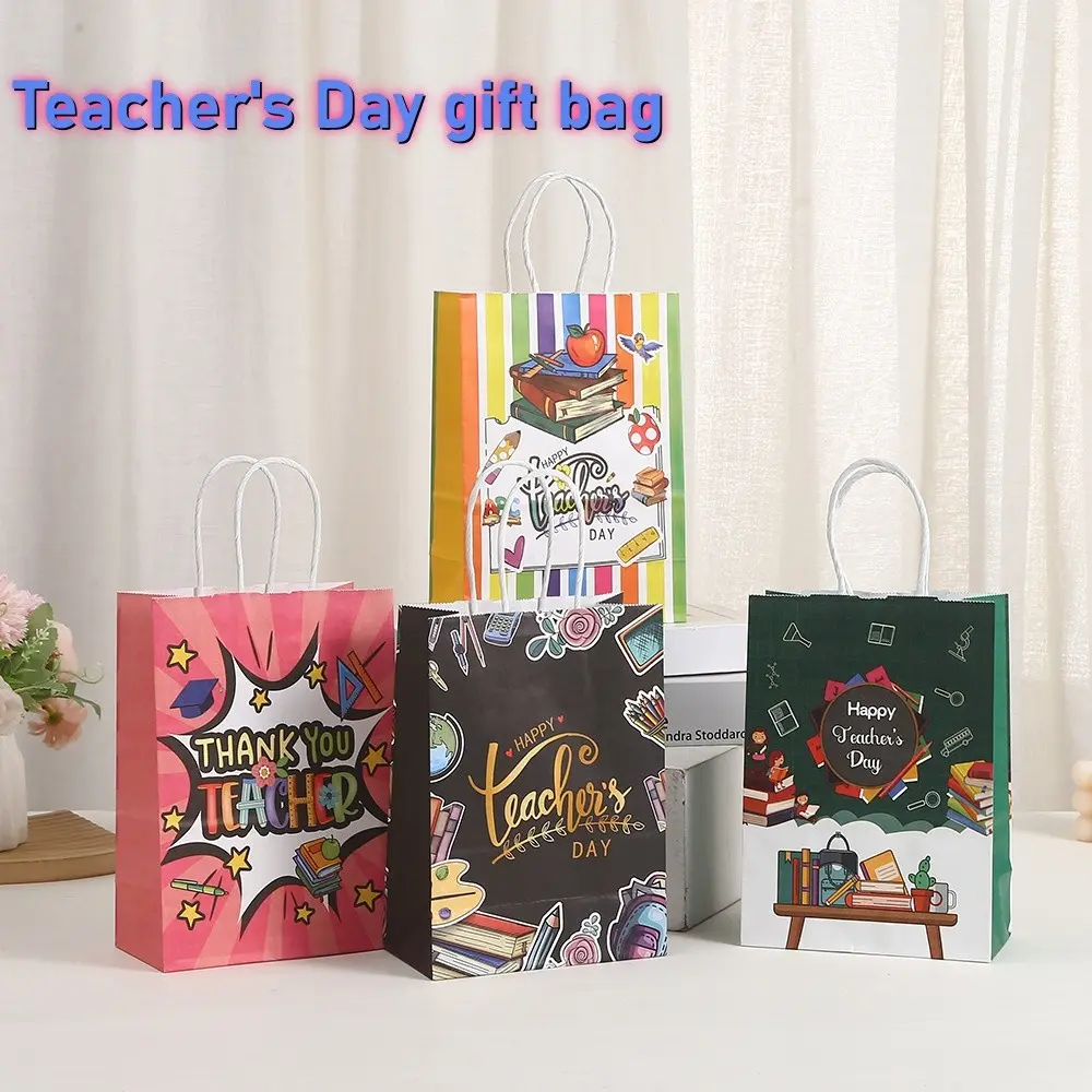12pcs/24pcs Teacher's Day Gift Bags, Kraft Paper Handheld Festival Gift Bags, Packaging Kit, Gift Wrapping Supplies, Thanksgiving Thank You Design, Explosion Style